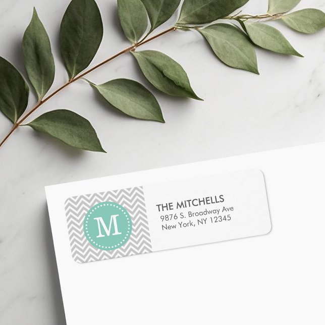 Étiquette Grey et Aqua Chevron Monogram Adresse de retour (Créateur téléchargé)