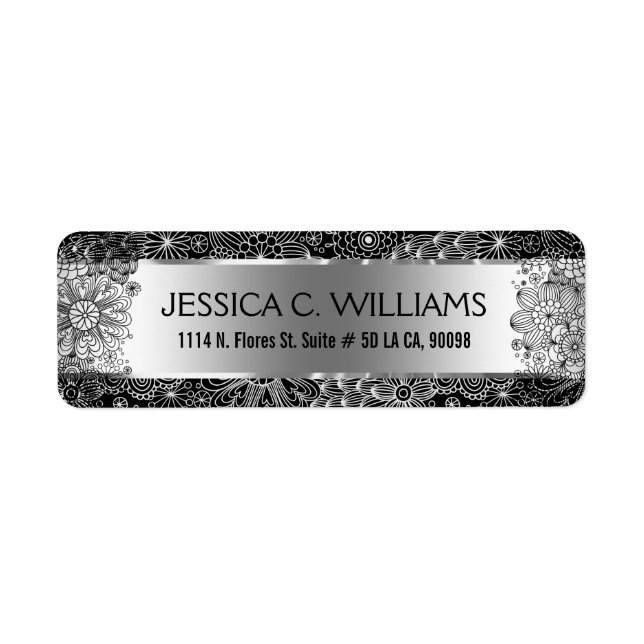 Étiquette Gris argenté métallique avec dentelle noire et bla (Devant)