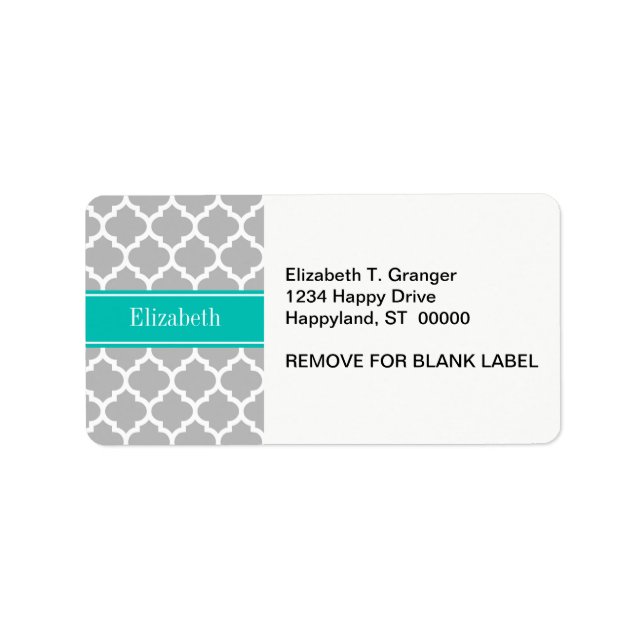 Étiquette Gris Blanc Marocain #5 Nom Turquoise Monogramme (Devant)