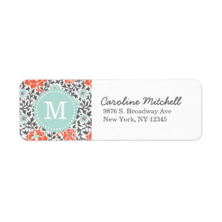 Étiquette Gris et menthe Retro Floral Damask Monogramme pers