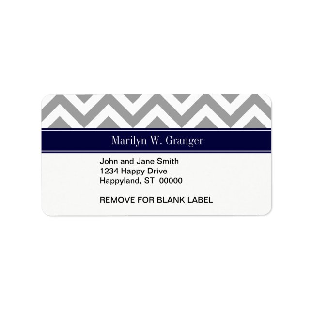 Étiquette Gris foncé Lg Chevron Bleu marine Monogramme Nom (Devant)