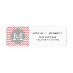 Étiquette Gris monogramme et corail rose Chevron