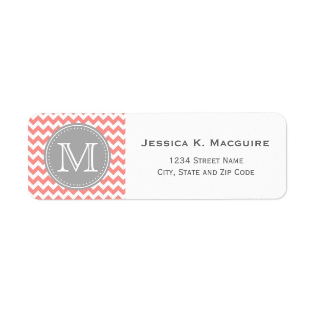 Étiquette Gris monogramme et corail rose Chevron (Devant)