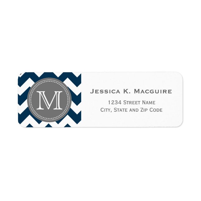 Étiquette Gris Monogramme Marine bleu Chevron (Devant)