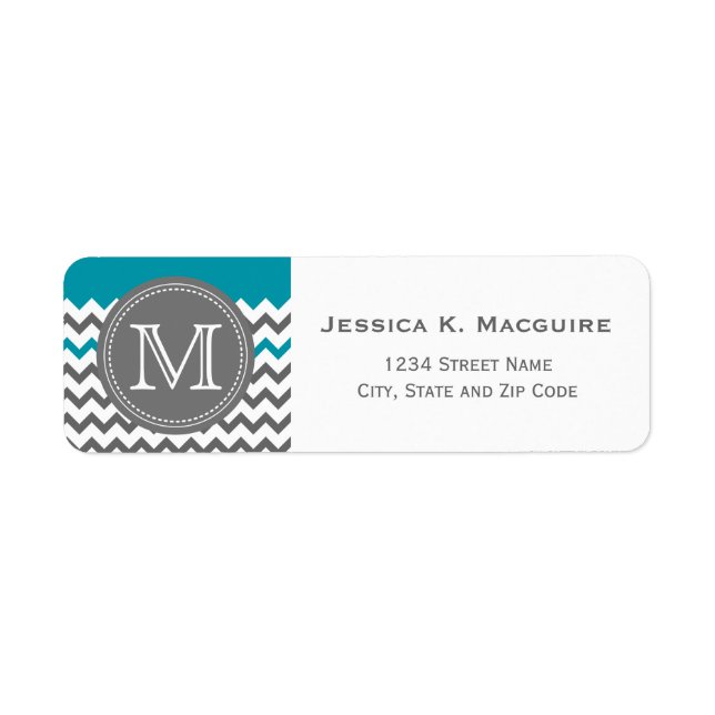 Étiquette Gris Monogramme Turquoise Bleu Chevron (Devant)