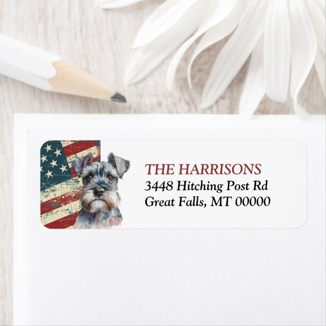 Étiquette Grunge USA Flag Miniature Schnauzer Adresse de ret (En situation)