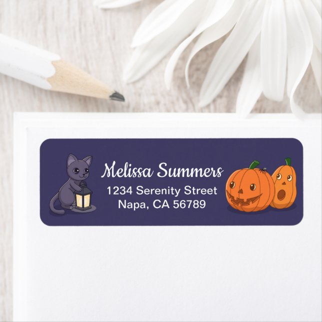 Étiquette Halloween Black Cat Pumpkins Purple Return Address (En situation)
