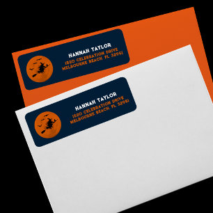 Étiquette Halloween Black Wicked Witch Flying Orange Moon