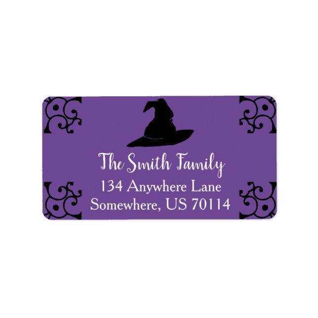 Étiquette Halloween Black Witch Hat & Purple (Devant)