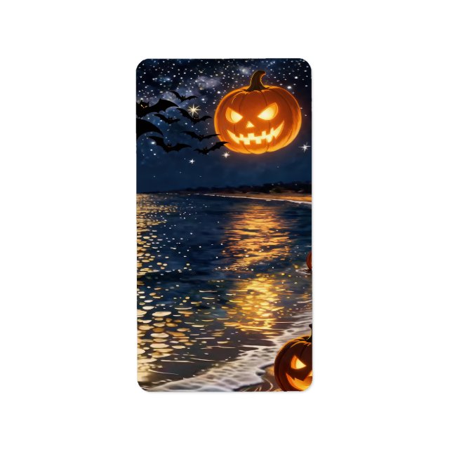 Étiquette Halloween Clair de Lune sur la Plage (Devant)