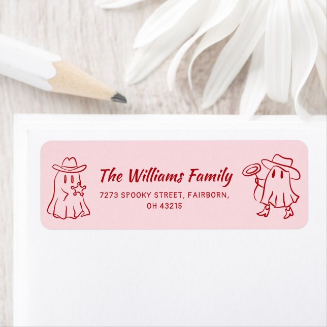 Étiquette Halloween Cowboy Ghost Rouge Rose Quirky Main Glis (En situation)