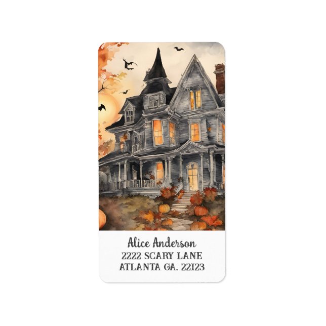 Étiquette Halloween Éffrayant de la vieille maison d'IA (Devant)