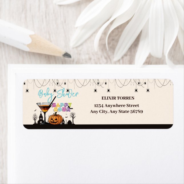 Étiquette Halloween Happy Hour Citrouille Cocktail Baby show (En situation)