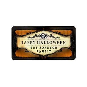 Étiquette Halloween Orange et Crâne noir Traite personnalisé