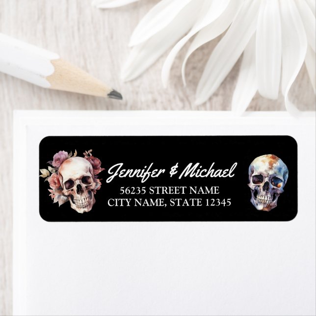 Étiquette halloween squelettes gothique mariage noir adresse (En situation)