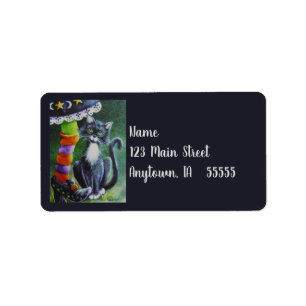 Étiquette Halloween Tuxedo Chat & Witch Aquarelle Art