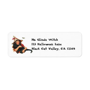 Étiquette Halloween vintage, sorcière avec chat noir
