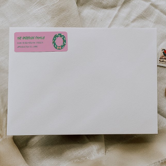 Étiquette Hand Painted Pink Green Christmas Wreath Address (Créateur téléchargé)