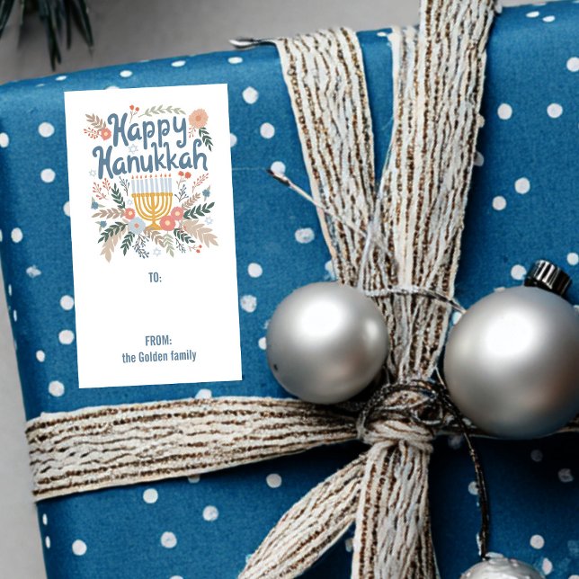 Étiquette Hanoukka FLorals dessiné à la main à partir de cad (Hanukkah FLorals Hand-drawn CUSTOM TO FROM Gift Label Sticker
)