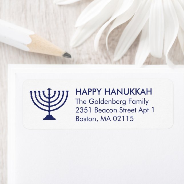 Étiquette Hanoukka menorah coutume marine bleu blanc moderne (En situation)