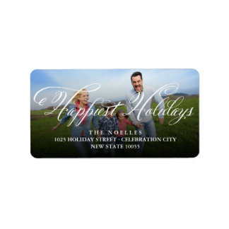Étiquette Happest Holidays Fancy White Script Photo Address