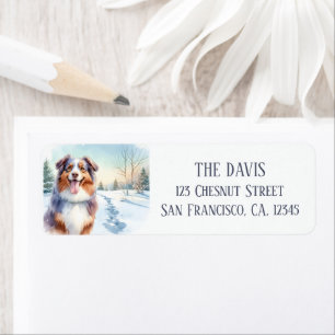 Étiquette Happy Australian Shepherd hiver aquarelle -