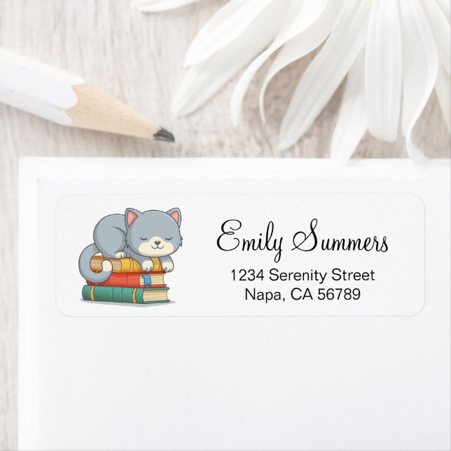 Étiquette Happy Cat on top of a Book Stack (En situation)