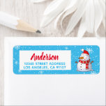 Étiquette Happy Christmas Snowman Adresse de retour Label<br><div class="desc">Petit bonhomme de neige mignon sur un arrière - plan d'hiver enneigé.</div>