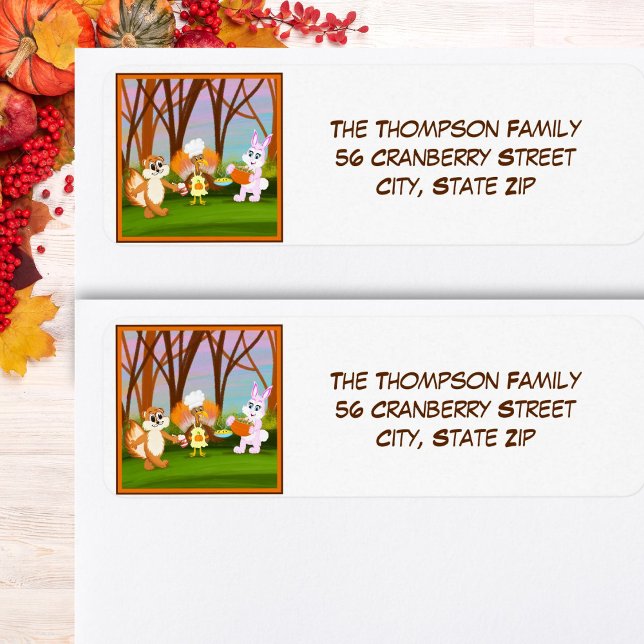 Étiquette Happy Friendsgiving Turkey with Chipmunk, Rabbit (Créateur téléchargé)