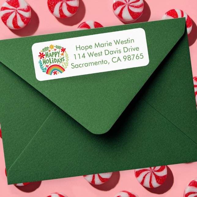 Étiquette Happy Holidays Arc-en-ciel - Main-dessinée Adresse (Happy Holidays Cute Colorful Rainbow Hand-drawn CUSTOM Return Address Label
)