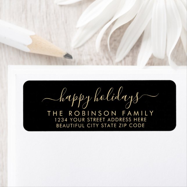 Étiquette Happy Holidays Black Gold Script Return Adresse (En situation)