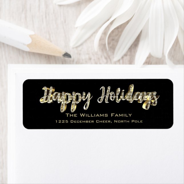 Étiquette Happy Holidays Chic Black and Gold Script (En situation)