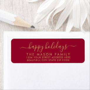 Étiquette Happy Holidays Gold et Red Script Return Adresse