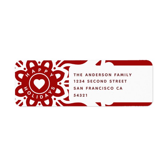 Étiquette Happy Holidays Heart Snowflake Red White (Devant)