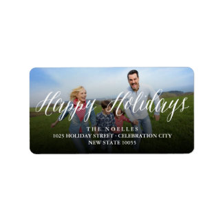 Étiquette Happy Holidays Script Modern Photo Return Adresse