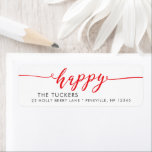 Étiquette HAPPY Script Red Holiday Christmas Return Adresse<br><div class="desc">Ce design simple présente l'accueil festif "heureux". Cliquez sur le bouton personnaliser pour plus de flexibilité dans la modification/ajout de texte/photos et d'éléments de conception ! Des variantes de cette conception ainsi que des produits de coordination sont disponibles dans notre boutique, zazzle.com/store/doodlelulu. Contactez-nous si vous avez besoin que cette conception...</div>