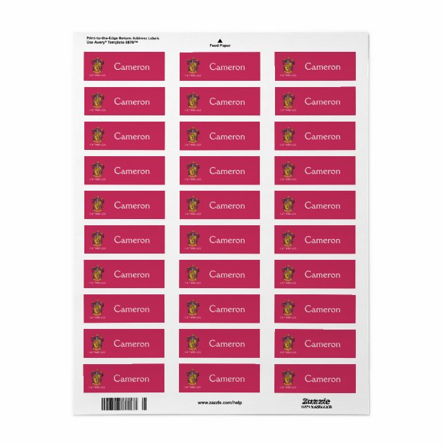 Étiquette Harry Potter | Blason de Gryffindor Or et Rouge (Feuille entière)
