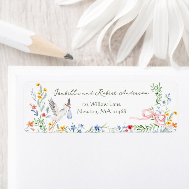 Étiquette Heirloom Rose Ribbon and Stork Baby Shower (En situation)