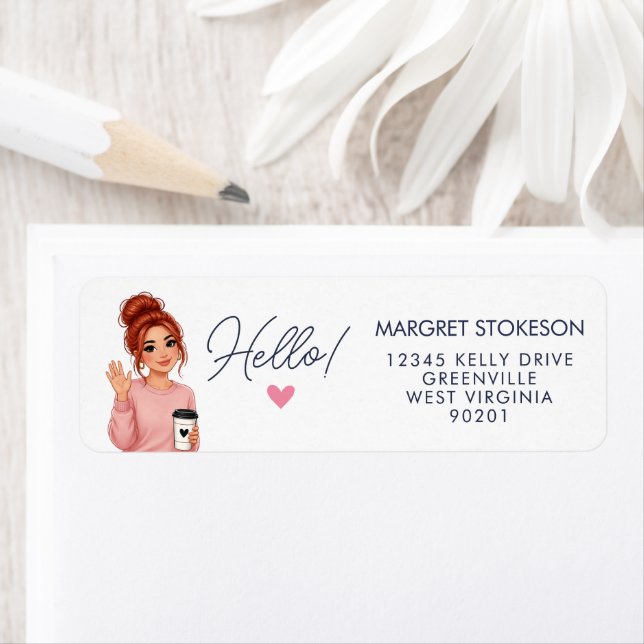 Étiquette Hello Redhead Lady Heart Return Address Label  (En situation)