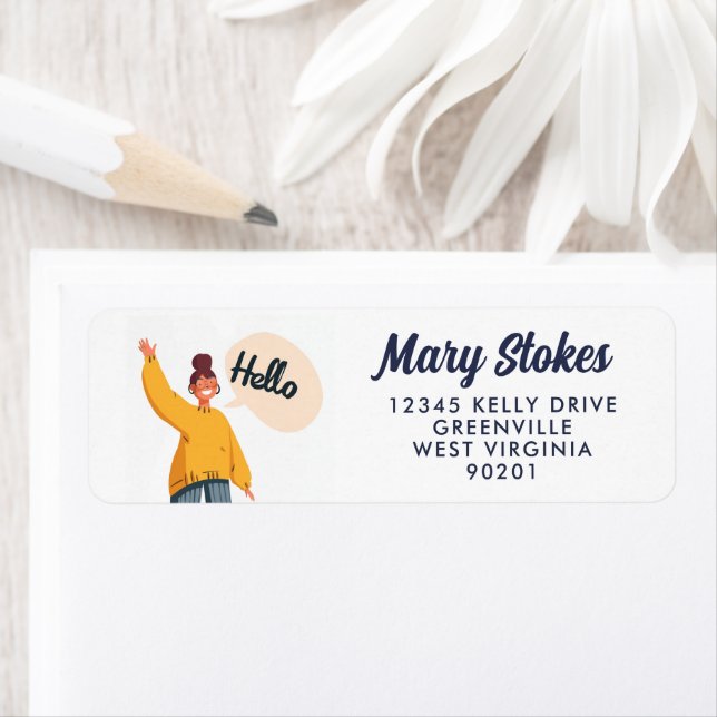 Étiquette Hello Woman Illustration Return Address Label  (En situation)