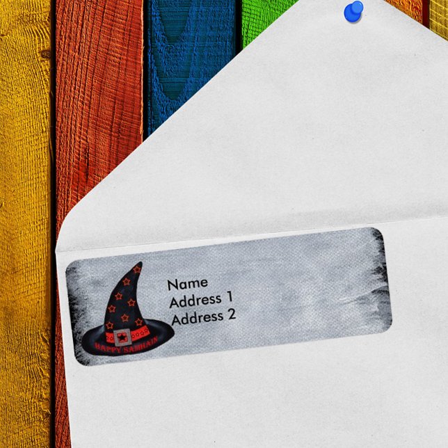 Étiquette Heureux Samhain Witch Stars Casquettes (Happy Samhain Witch black hat orange stars on faux painted white & black return address labels.)