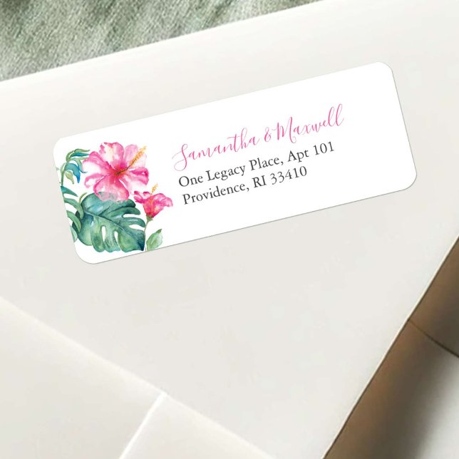 Étiquette Hibiscus d'aquarelle rose de plage (return address labels watercolor pink Hibiscus flower art by Victoria Grigaliunas Do Tell A Belle)