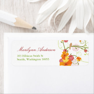 Étiquette Hibiscus et hirondelles jaune Adresse du Mariage d