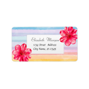 Étiquette Hibiscus Hawaïen Rayures Aquarelle Colorées