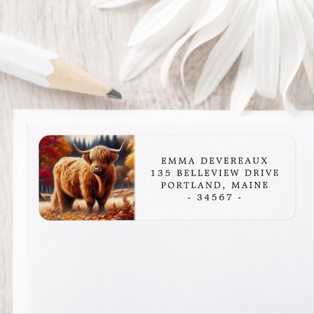 Étiquette Highland Cow Automne Watercolor Adresse de retour (En situation)