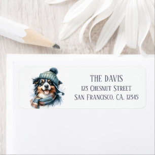 Étiquette Hiver Aquarelle Casquette Scarf Australian Shepher