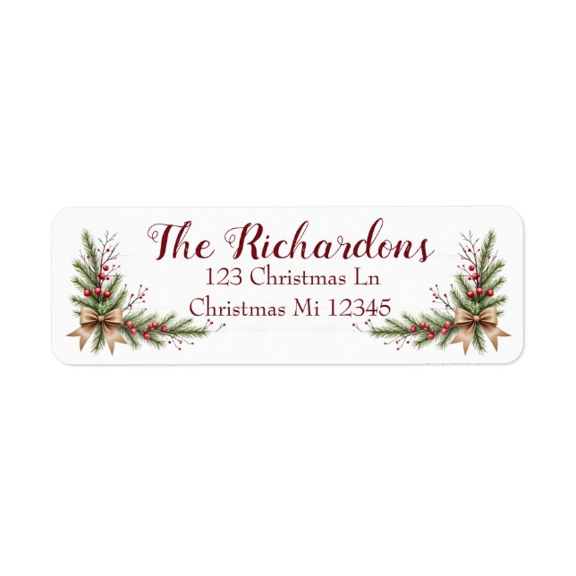 Étiquette Holiday Address Label with Pine Branches and Bow (Devant)