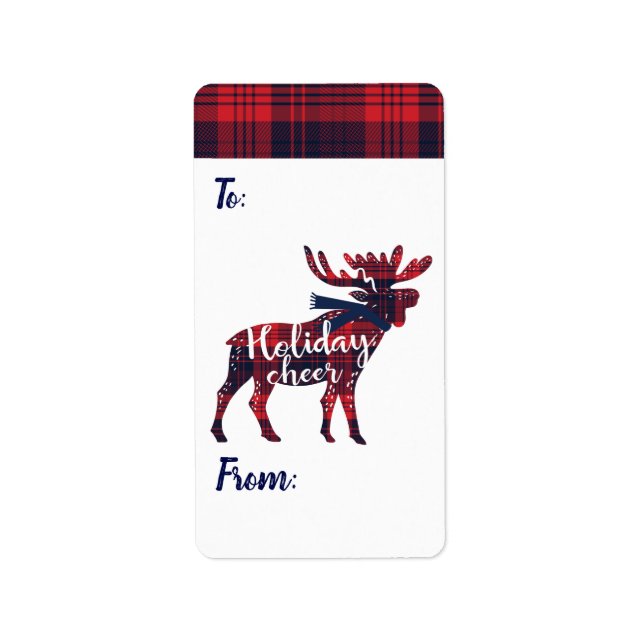 Étiquette Holiday Cheer | Red Buffalo Plaid Moose Christmas (Devant)