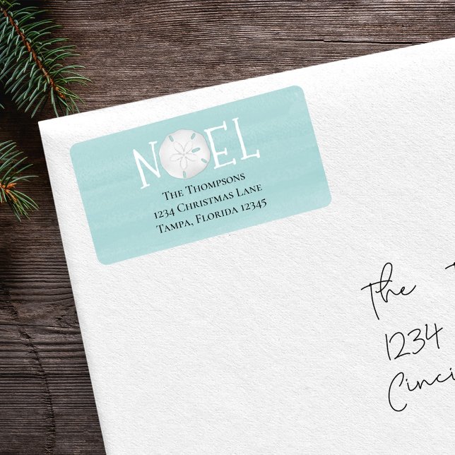 Étiquette Holiday Noel Watercolor Plage Sable Tropical Dolla (Holiday Noel Typography beach ocean theme return address label.)