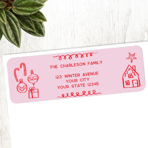 Étiquette Holiday Scribble Doodle Red Pink Adresse de retour